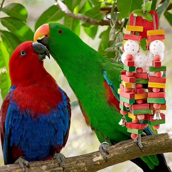 3 Pcs Extra Large Bird Parrot Toy Multicolored Natural Wooden Parrot Cage Chewing Toys for Large Medium Macaws Cockatoos African Grey Birds(Block and Ball)