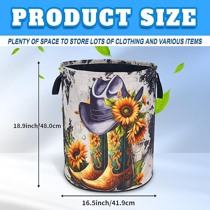 American Western Cowboy Hat Boots Laundry Basket Sunflower Oxford Cloth Laundry Hamper With Handle Foldable Portable Clothes Storage Basket 18.9 X 16.5 In Storage Bag For Laundry Room/Bathroom/Bedroom