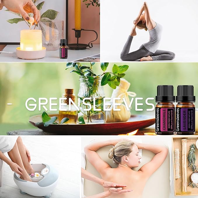GREENSLEEVES Chamomile Lavender Essential Oil Set, 2 x 10ml Pure Plant-Based Fragrance Oil for Aromatherapy, Essential Oils for Diffuser, Massage, Bath Bomb, Scented Candle Soap Making