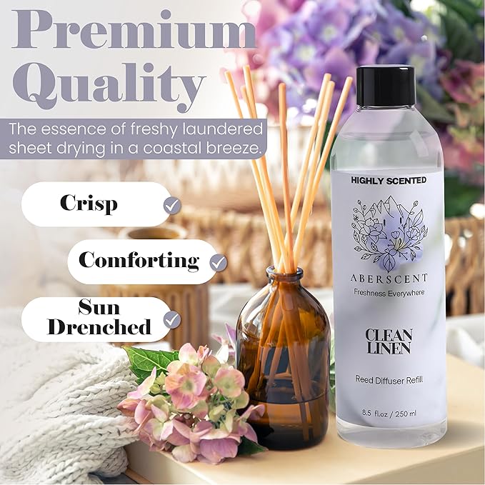 Clean Linen Aberscent Premium Reed Diffuser Oil Refill (8.5 Fl Oz/250ml) – Long-Lasting Fragrance Oil for Home, Office & Spa – Relaxing Scent, Luxury Hotel-Style Aroma