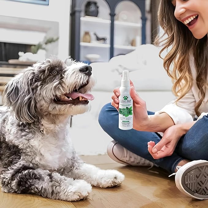 Lillian Ruff Dog Breath Freshener Dental Care Spray - Dog Oral Health Teeth Cleaning Formula Targets Bad Dog Breath, Plaque & Tartar Build-Up, Supports Oral Care, Gum Health & Immune System (4oz)