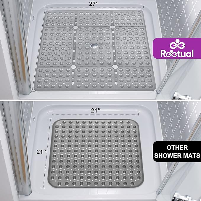 Reetual XL Shower Mat Non Slip - 27x27 Bath Mat for Shower Stall or Large Bathtub Mat with 240 Powerful Suction Cups and Drain Holes. Black Shower Mats for Bathroom (Grey Mat)
