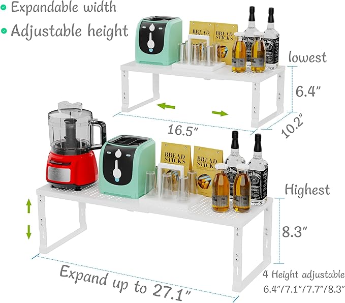Adjustable Expanable Stackable Spice Rack Shelf Pantry Storage Organizer for Kitchen Cabinet,Countertop,Bathroom and More.Space is no Longer Limited(1Pack/White/Large)