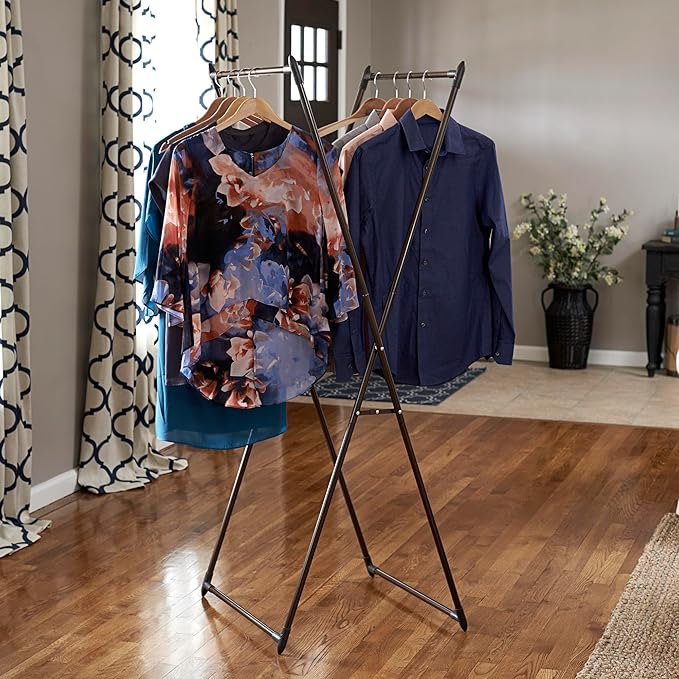 Household Essentials Valet Folding Clothes Rack, Strong Metal X-Frame, Chic Design, Great for Guest and Dressing Rooms, Portable and Easy to Use, Folds Flat, Antique Bronze