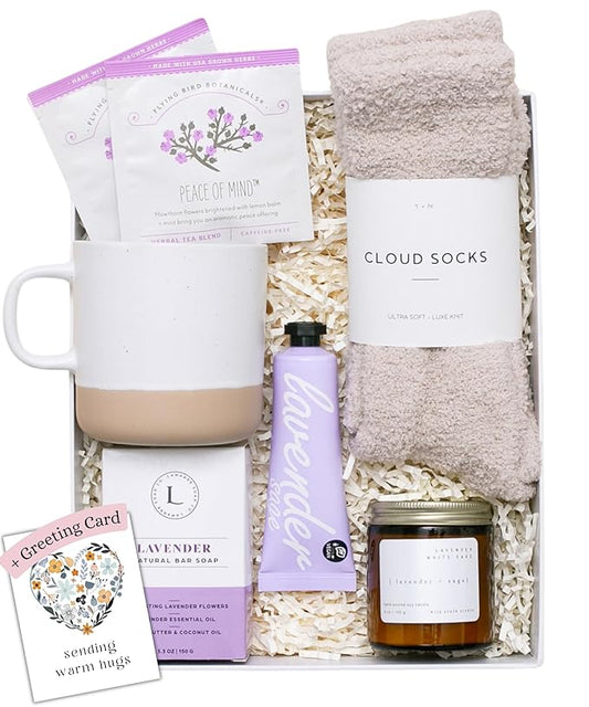 Unboxme Lavender Spa Gift Basket for Women, Self Care Package with Candle, Bath Bomb, Tea & Mug - Relaxation Gifts for Birthday, Get Well