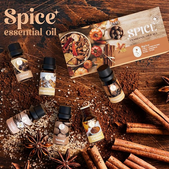 Autumn Spice Essential Oils Set – Cozy Fall Fragrance Oils for Diffuser & Candle Making – Cinnamon, Vanilla, Pumpkin Pie, Nutmeg, Clove, Gingerbread – Warm Home Aroma & Gift Set