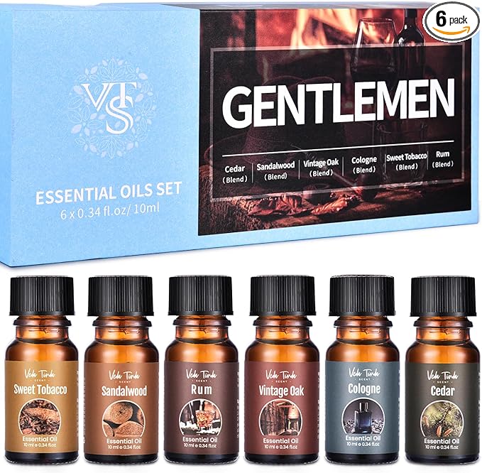 Gentlemen's Essential Oils Set, Men Scents Fragrance Oil - Sandalwood, Cedar, Sweet Tobacco, Rum, Vintage Oak, Cologne Aromatherapy Oils for Diffuser, Candle & Soap Making