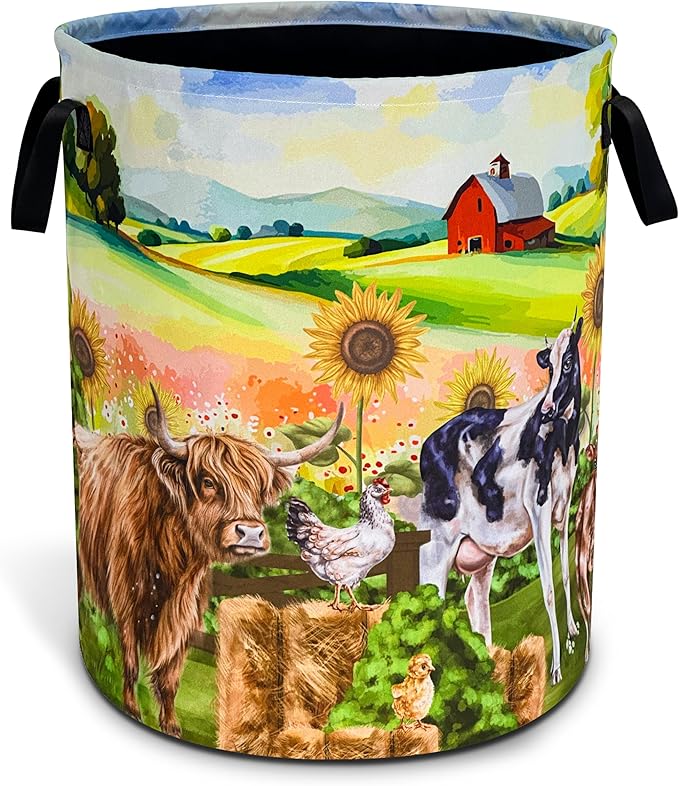 Highland Cow Chicken Farm Laundry Basket Cattle Oxford Cloth Laundry Hamper With Handle Foldable Portable Clothes Storage Basket 18.9 X 16.5 In Storage Bag For Laundry Room/Bathroom/Bedroom/Dormitorie