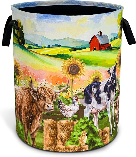 Highland Cow Chicken Farm Laundry Basket Cattle Oxford Cloth Laundry Hamper With Handle Foldable Portable Clothes Storage Basket 18.9 X 16.5 In Storage Bag For Laundry Room/Bathroom/Bedroom/Dormitorie