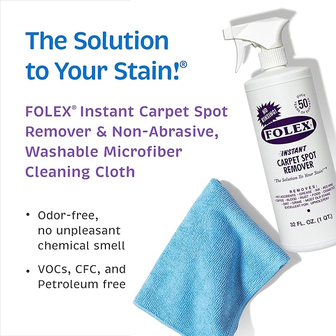 Folex 2 Instant Carpet Spot Removers (32 oz) & Reusable Microfiber Cleaning Cloths (15x15 in) - Household Stain Treater Kit