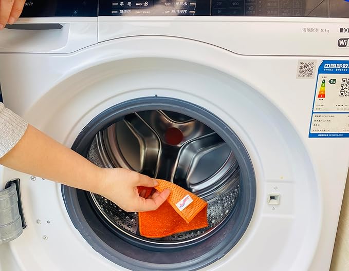 16 Pack Microfiber Scrub Dish Cleaning Cloth, Non-Scratch, Reusable & Durable for Pan Pot Dish Cooktop Stovetop Counter Kitchen Household, Machine Washable, 6 x 6 Inch, Orange & Blue Assorted