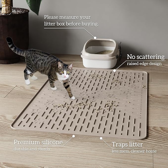 OHMO Cat Litter Mat Trapping Mat Premium Silicone Rubber 23.5x16 Beige, Waterproof and BPA Free Kitty Litter Box Mat, Easy to Clean and Keeps The Floor Tidy
