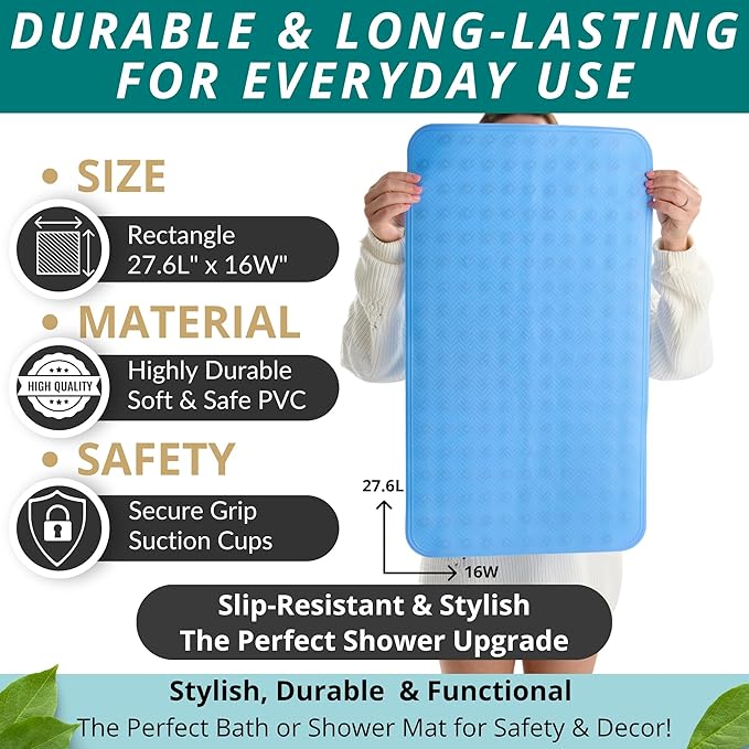 ENKOSI Non Slip Shower Mat – Bath Mat for Tub and Shower Floors – Anti Slip Bathtub Mat with Strong Suction Cup Grip – Soft, Blue Bathroom Mat for Inside Bath and Shower Floors (28x16 Aqua Blue)