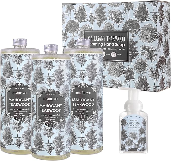 ROMIIE ZOI Foaming Hand Soap Refill Gift Set – Teakwood Scent – 3 Pack (1000ML Each) with Dispenser – Gentle & Moisturizing Plant-Based Formula – Bulk Refill Bottles for Bathroom & Kitchen Use