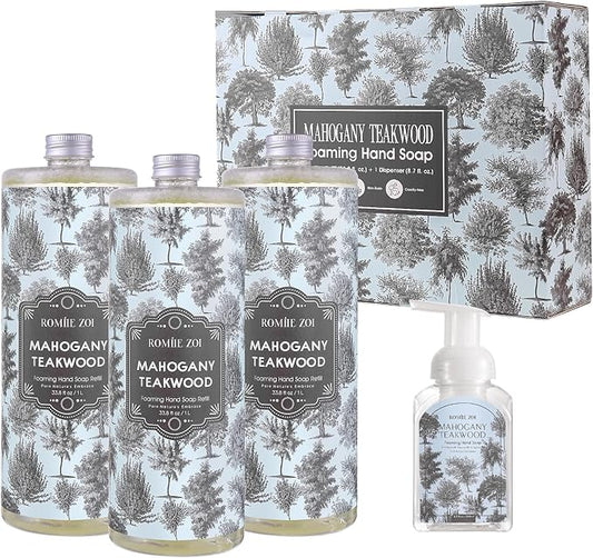 ROMIIE ZOI Foaming Hand Soap Refill Gift Set – Teakwood Scent – 3 Pack (1000ML Each) with Dispenser – Gentle & Moisturizing Plant-Based Formula – Bulk Refill Bottles for Bathroom & Kitchen Use