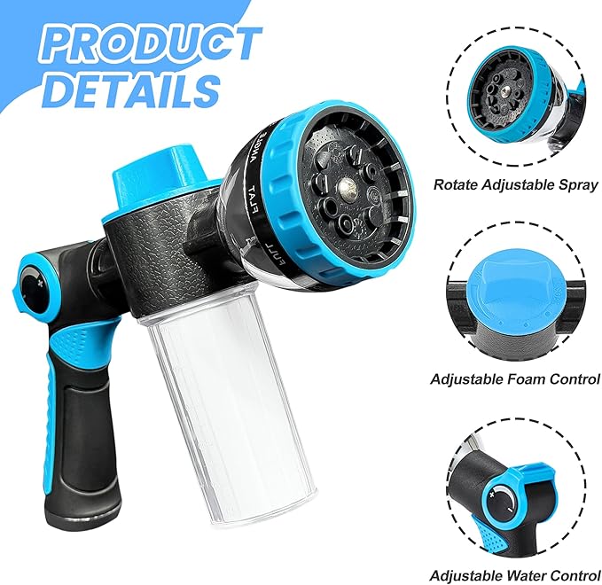 Dog Wash Hose Attachment, 10-in-1 Spray Mode Pet Shower Soap Sprayer with Grooming Comb Rubber Brush, Hose Nozzle with 100cc Soap Dispenser, for Watering, Car Wash, Dog and Horse Showering (Blue)