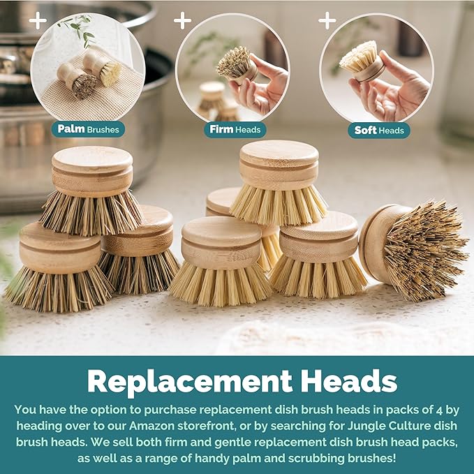 Jungle Culture® 6 Piece Natural Dish Brushes for Washing Up • Eco Dish Brush Kitchen Cleaning Set • Plant Based Coconut Scrubbers • Bottle/Pot Brush & Eco Friendly Scourer Sponge for Pans & Dishes