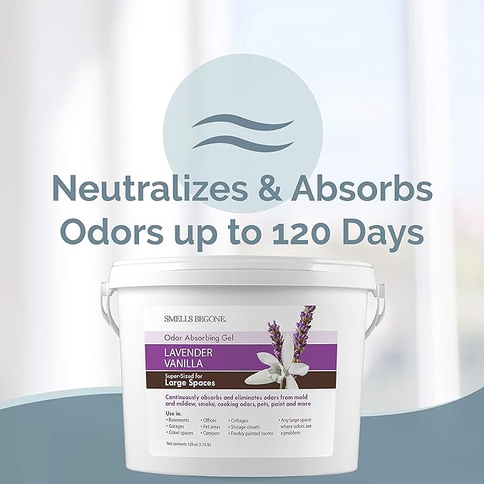 SMELLS BEGONE 1-Gallon Odor Absorber Gel - Air Freshener & Odor Eliminator for Homes, Garages & Commercial Buildings - Industrial Size - Lavender Vanilla Scent