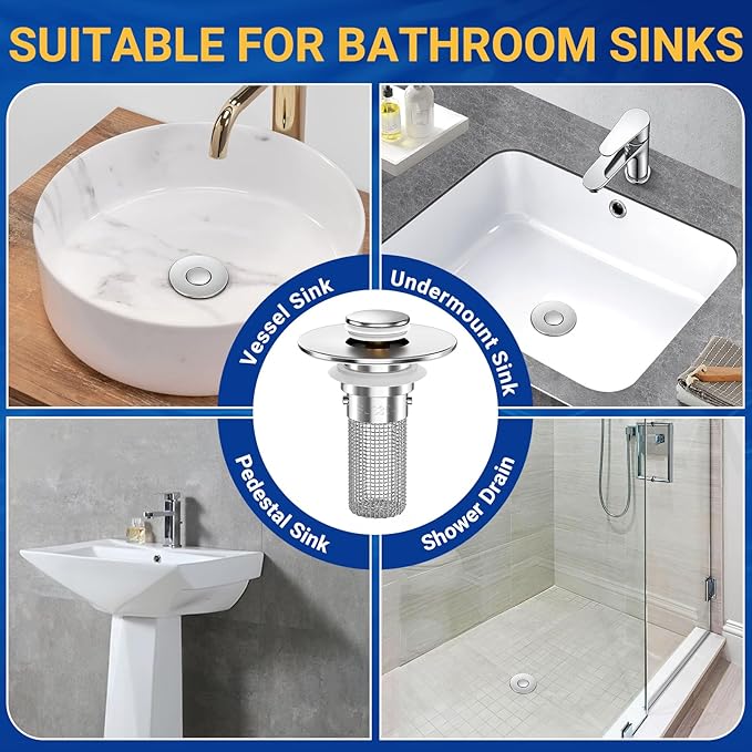 2PCS Bathroom Sink Stopper Strainer, Pop-Up Bathroom Sink Drain Strainer with Removable Stainless Steel Hair Catcher Basket, Universal Fit for US Bathroom Sinks, Bathtubs, Showers & Floor Drains