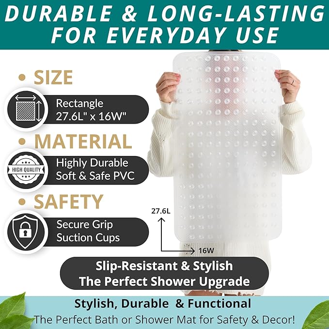 ENKOSI Non Slip Shower Mat – Bath Mat for Tub and Shower Floors – Anti Slip Bathtub Mat with Strong Suction Cup Grip – Soft, White Bathroom Mat for Inside Baths and Showers (28x16 Clear)