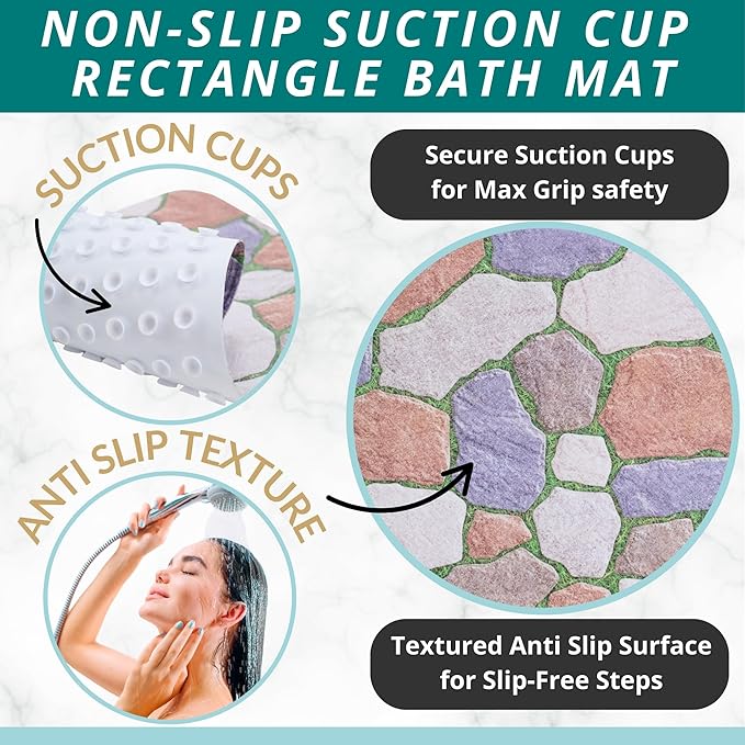 ENKOSI Non Slip Shower Mat – Bath Mat for Tub and Shower Floors – Anti Slip Bathtub Mat with Strong Suction Cup Grip – Unique Design Soft Bathroom Mat for Inside Baths and Showers (28x16 Stone Path)
