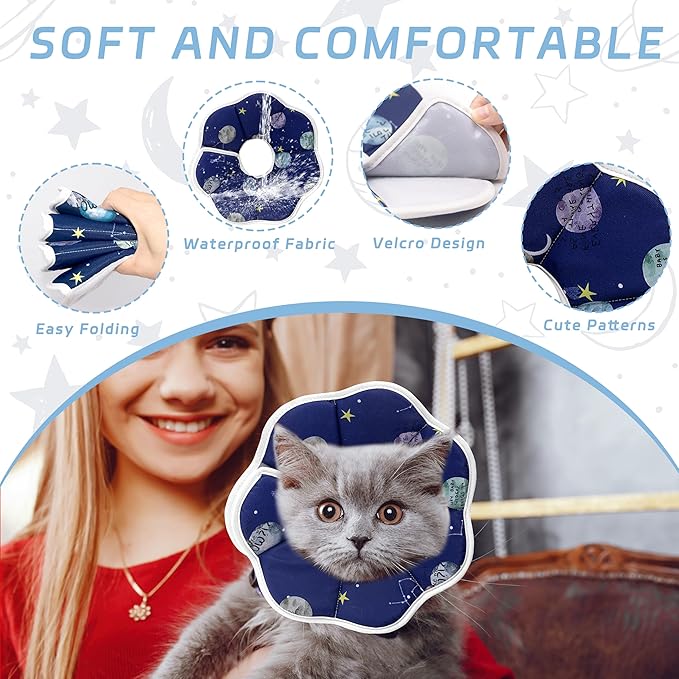 Soft Adjustable Cat Cone Collar - Comfortable Recovery Collar for Cats After Surgery (Blue, Medium)