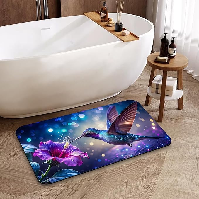 Hummingbird Fantasy Bath Mat, Water Absorbent Quick Dry Thin Bathroom Floor Mat, Rug for Bathroom Kitchen 17"x30"