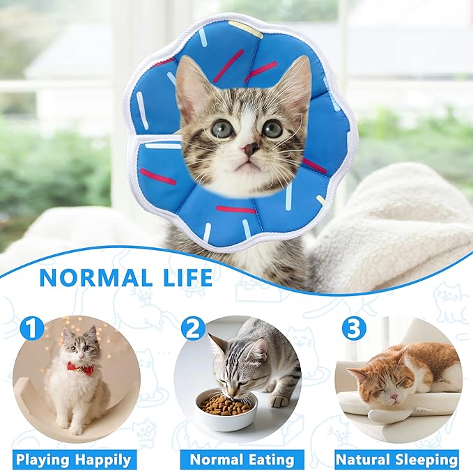 Soft Adjustable Cat Cone Collar, Comfortable Cat Recovery Collar Suitable for Various Types of Cats,Elizabethan Neck Protective Collar for Cats After Surgery (Blue Stripe, Medium)