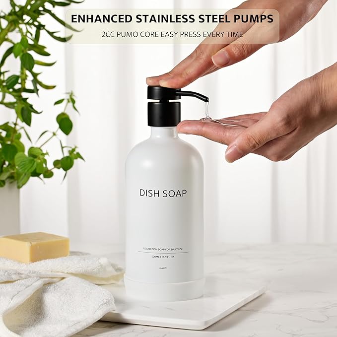 Soap Dispenser Set with Non-Slip Protective Silicone Pad, Hand Soap Dispenser for Bathroom and Kitchen Decor, White and Black Accessories (White Bottles + Black Pumps)
