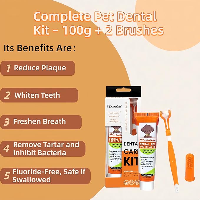 Dog & Cat Toothpaste Kit with Toothbrush & Finger Brush – 100g Vanilla Flavor Pet Toothpaste – Helps Reduce Plaque, Freshen Breath & Support Healthy Gums – Puppy & Adult Pet Dental Care