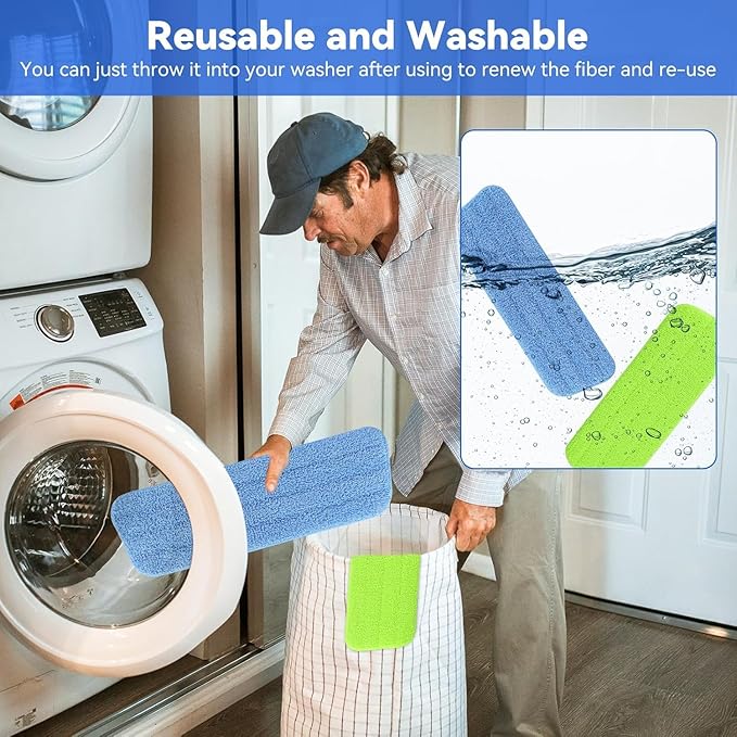 16.5 inch Microfiber Mop Pads for Rubbermaid Reveal Spray Mop and Any 16.5" Flat Mop - 6 Pack 13''-15'' Spray Mop Pad Reusable Washable Replacement Refills - Blue & Green