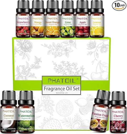 PHATOIL 10Pcs Fruity Fragrance Oil Set, Coconut, Cherry, Apple, Strawberry, Mango Candle Scents for Candle Making, Freshie Scents for DIY Soap Making, Diffuser Oil Scents Set