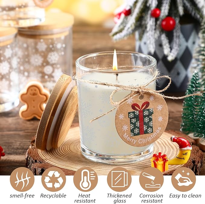 12 Pcs Christmas Glass Candle Jars 7 oz Glass Jars Empty Containers with Bamboo Lids and Christmas Cards for Candle Making Storing Biscuits Holiday Tea Party Favors
