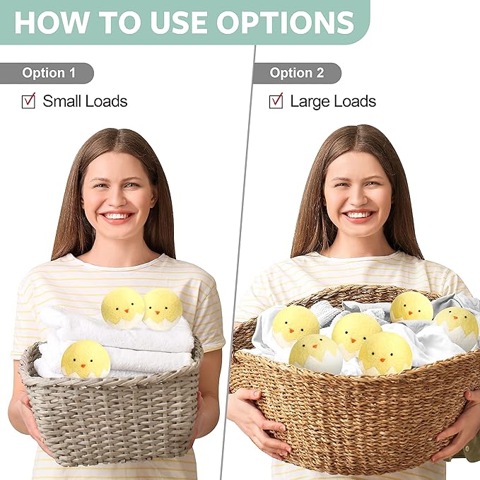 Calindiana 100% Organic Premium New Zealand Wool Dryer Balls Laundry Reusable Fabric Softener, Cute Dryer Sheets Alternative, Anti Static XL Size 6 Pack, Yellow Chick