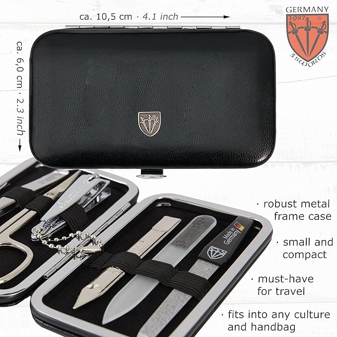 3 Swords Germany - Brand Quality 6 Piece Manicure Pedicure Grooming kit Set - Scissors, Metal and Glass Nail File, Clipper, Tweezers with Synthetic Leather case - Black
