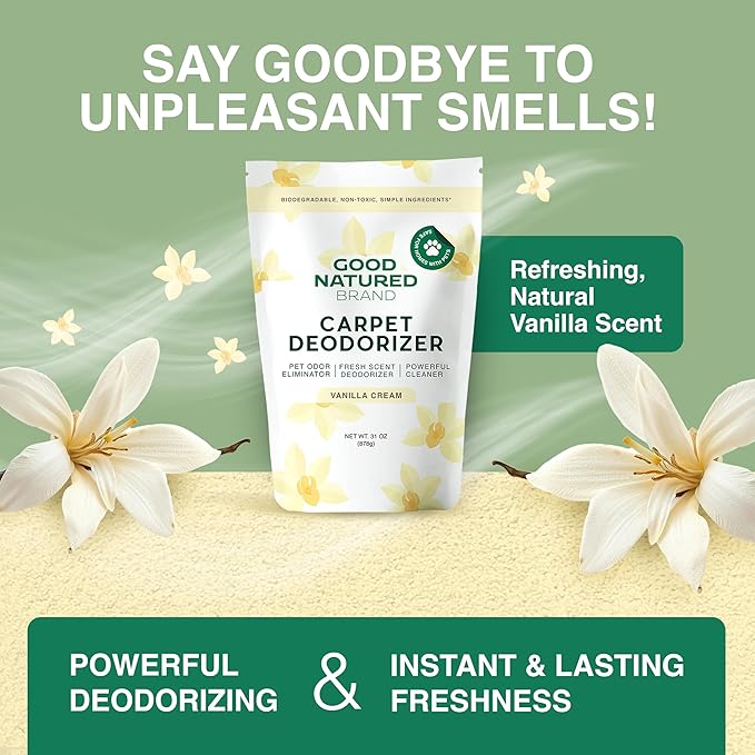 Good Natured Brand | Carpet Deodorizer & Freshener Powder | 31 oz Pet Odor Eliminator for Strong Odor & Pet Urine | Fresh Natural Vanilla Cream Scent | Safe for Homes with Pets