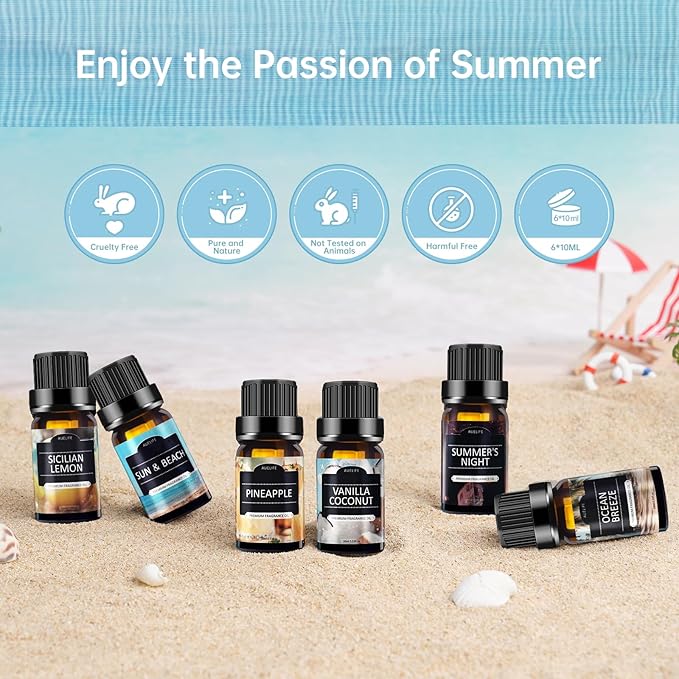 Summer Essential Oils Set | Top 6 Tropical Blends for Diffusers, Candle Scents, Aromatherapy Fragrance Oil - Coconut, Pineapple, Beach, Breeze, Lemon, Summer Night | Gift Set for Women, Home, Spa