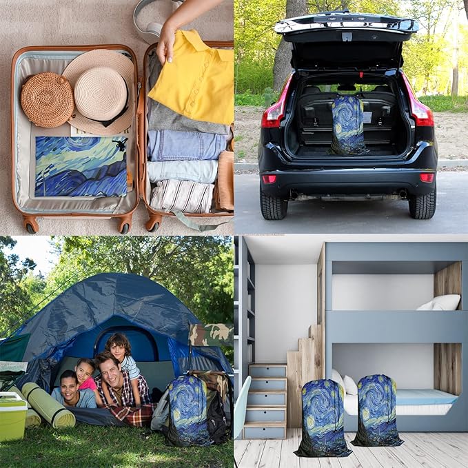 Swono Sturdy Laundry Basket Hamper, Starry Night Abstract Art Foldable Laundry Bag Clothing Organization for Bathroom, Bedroom Home Dorm Travel, Blue Oil Painting