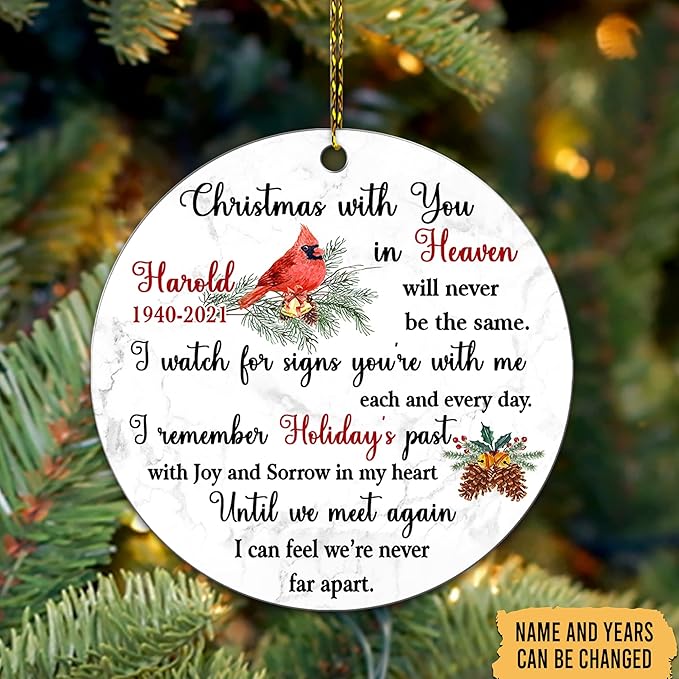 HYTURTLE Personalized Memorial Sympathy Christmas Ornament Tree Decor Gifts for Family Loss of Loved One Mom Dad Husband in Heaven - Cardinal Heaven Joy Sorrow Custom Name Acrylic Circle Ornament
