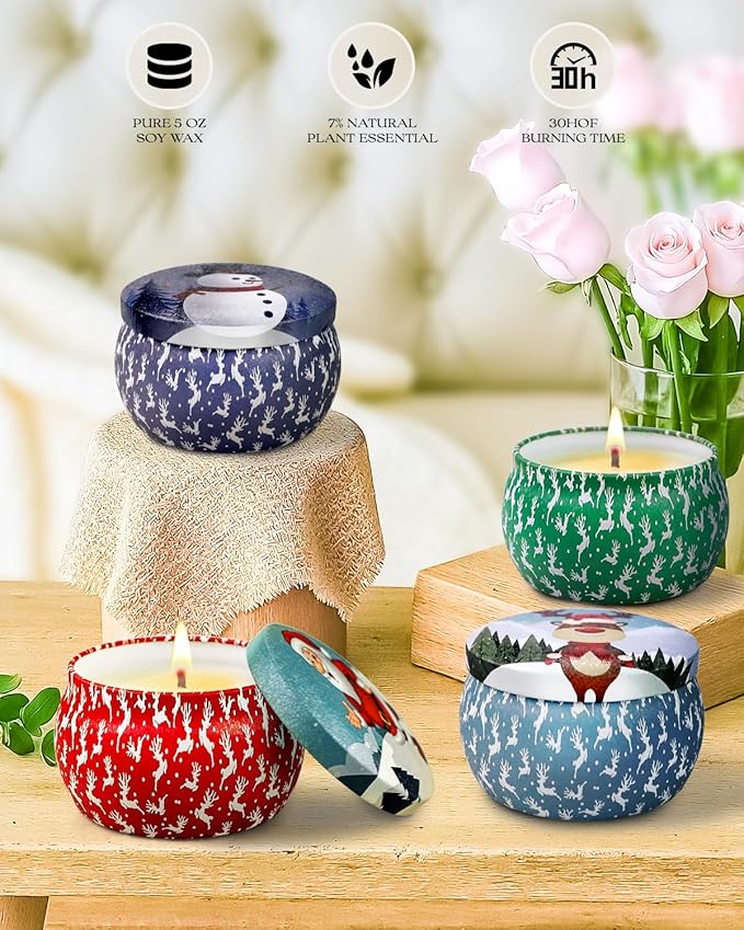 Christmas Candle Gift Set for Women, 4 Pack Long Lasting Soy Wax Candles with Lavender, Cookie, Fir & Cinnamon Apple Scents, Aromatherapy Candles for Home, Perfect Holiday Gifts