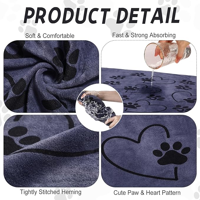 4 Pcs Dog Bath Towels Microfiber Drying Dog Towel Absorbent Pet Heart Paw Towels for Medium Dogs Puppy Cats Pets Shower(Gray)