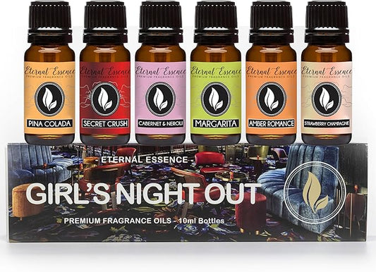 Eternal Essence Oils Girl's Night Out Set of 6 Premium Fragrance Oils - Includes Strawberry Champagne, Pina Colada, Secret Crush, Margarita, Amber Romance, and Cabernet & Neroli Scented Oils - 10ML