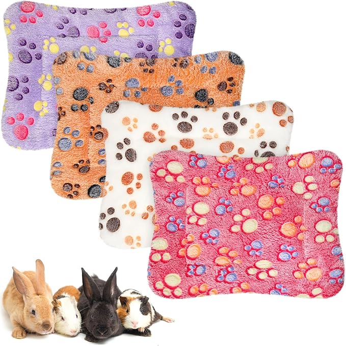Haull 4 Pcs Waterproof Guinea Pig Bedding Winter Guinea Pig Bed Plush Cage Liners Soft Dog Cat Mat Reversible Winter Cozy Animal Pee Pad Hamster Bed Mat for Bunny(Paw,13 x 18.5 Inch)