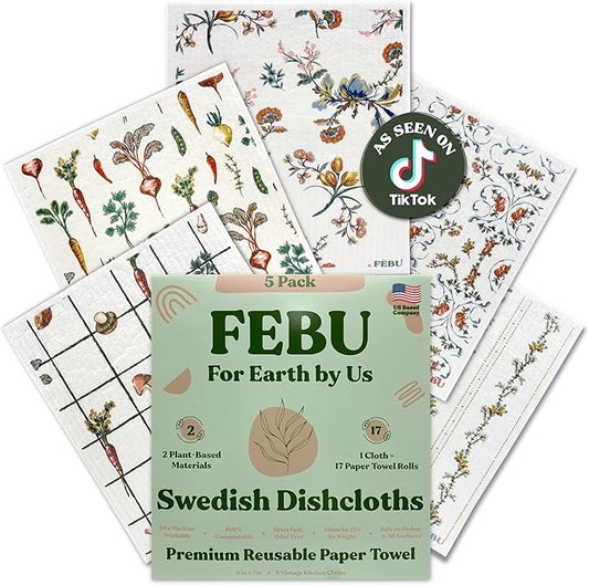FEBU Swedish Dishcloths for Kitchen | 5 Pack Vintage Kitchen Reusable Paper Towels Washable | Swedish Dish Towels | Non-Scratch Cellulose Sponge Cloths | No Odor, Biodegradable Cleaning Cloths