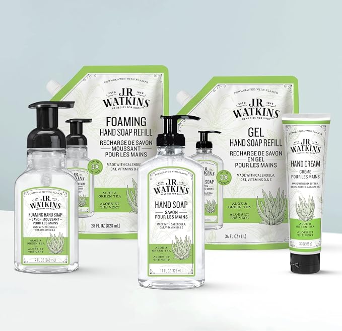 J.R. Watkins Gel Hand Soap Refill, Moisturizing Hand Wash, Alcohol-Free, Cruelty-Free, Aloe Green Tea, 34 Fl Oz, 3 Pack