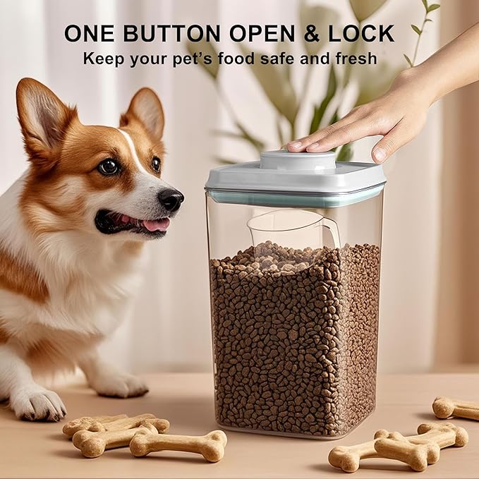3-5 Lbs Dog-Cat Pop Treat - Airtight Jar - Pet Food Storage Container for Kibble & Treats, 4L/4.2qt with 130ml/0.14qt Half Scoop Stackable Pop Lid Plastic Container with Lid