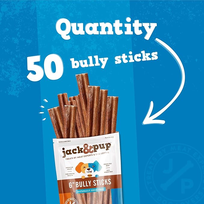Jack&Pup 6 Inch Bully Sticks for Medium Dogs, Dog Bully Sticks for Small Dogs-6" Stick for Puppies Bully Stick Odor Free Long Lasting Dog Chews, (6 Inch Bully Stick 50 Pack)