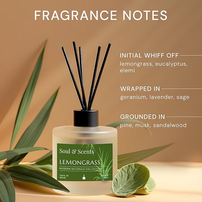 Soul & Scents Reed Diffuser Set – Lemongrass | 7.43 oz Refillable Scented Oil with 6 Fiber Sticks | Long-Lasting Home Fragrance & Air Freshener for Bedroom, Bathroom, Office | Gift & Décor Piece