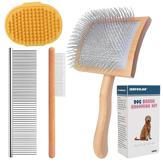 Slicker Brush for Dogs, Professional Dog Grooming Brush for Golden Doodle & Poodle - Deshedding Dog Brush for Medium or Long Haired Dogs, Remove Tangles, Knots and Mats (4PCS, Wooden, Large)
