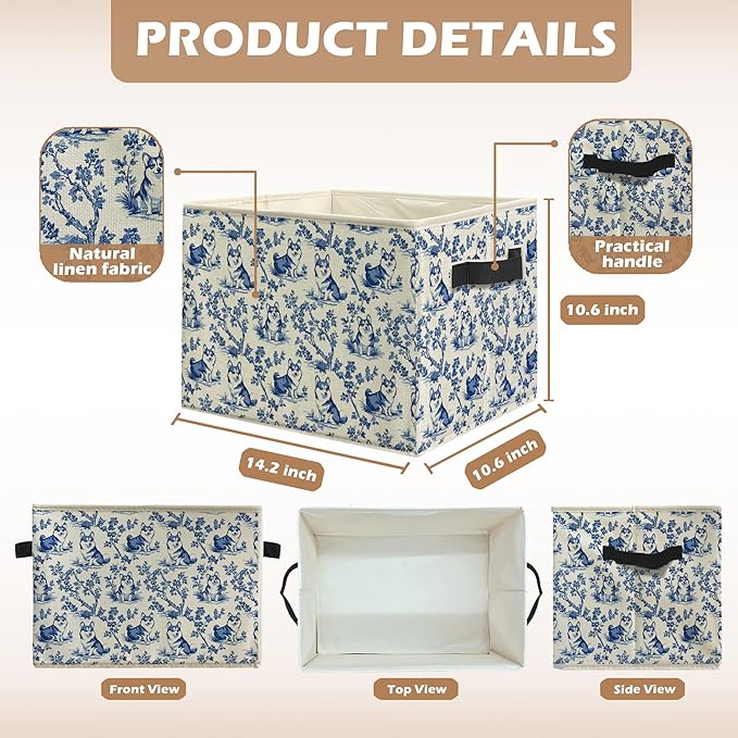 Vintage Blue Chinoiserie Corgi Dog Storage Bins, Corgi Lover Gifts, French Country Toile Dog Collapsible Storage Box Laundry Basket with Handle for Bedroom Bathroom Office Clothes Toys Books